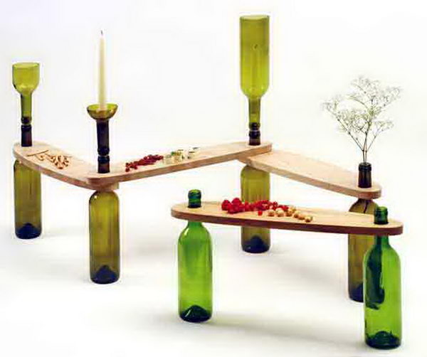 User Designed Table Using Recycled Wine Bottles. 