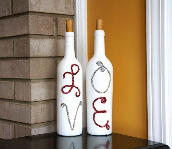 This painted wine bottles with pipe cleaner letters are perfect for Valentine's Day decoration. 