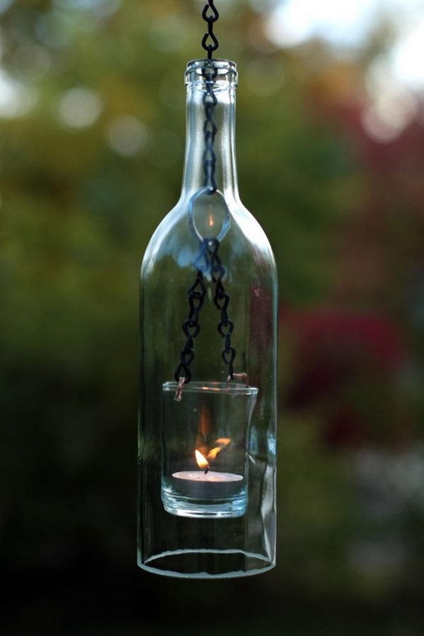 Hanging Wine Bottle Lantern. Put a tea light inside a wine bottle and this hanging lantern is so creative! 