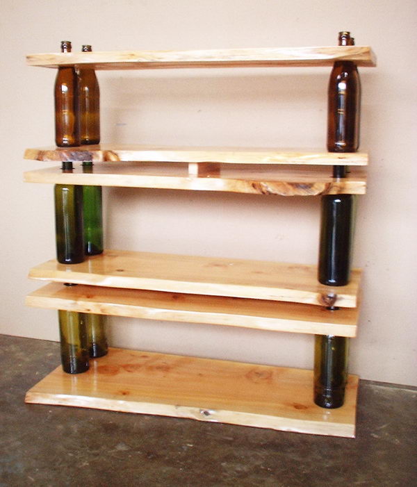 Recycled Shelving Made from Wine Bottles and Wood. 