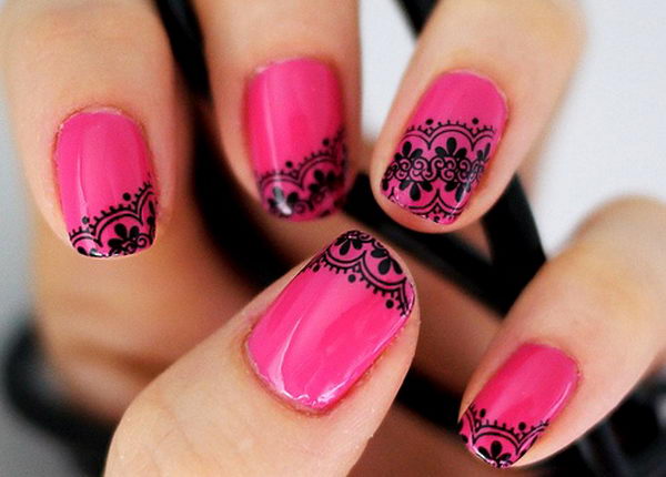 Hot Pink with Black Lace Nail Design,