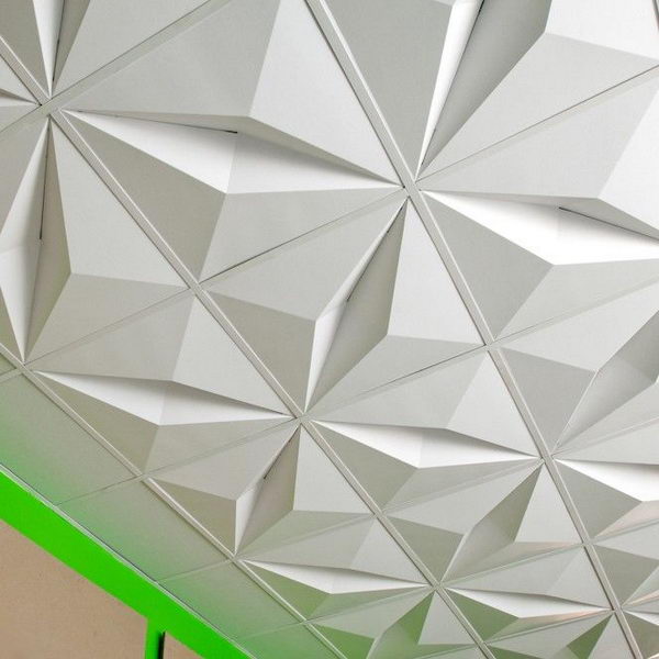 3D Drop Ceiling Tiles. Made from recycled cardboard and designed to ship flat and be folded at the installation site, the lightweight two by two foot modules are a cost effective and dramatic solution for spaces that require suspended ceilings.