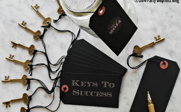 Keys to Success Graduation Party Favor. Write down some pieces of advice or inspirational messages that the graduate can read later. It will make for a keepsake he or she can have forever.