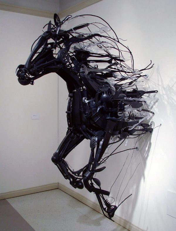 Installation Art from Discarded Plastic. Sayaka Kajita Ganz created these wild horse sculptures from trash-picked objects like plastic utensils, toys, and metals.