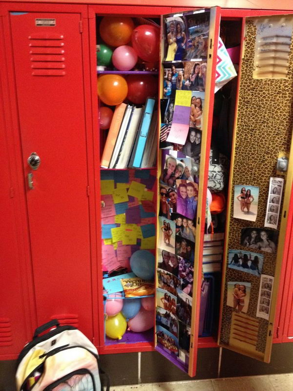 Balloons and Post-its in Locker. Decorate your best friends locker with balloons and post-its with memories on it.