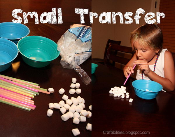 Small Transfer as a 15 Minute to Win It Party Game. Use straws to suck up the air to pick up mini marshmallows and transfer them to a bowl.