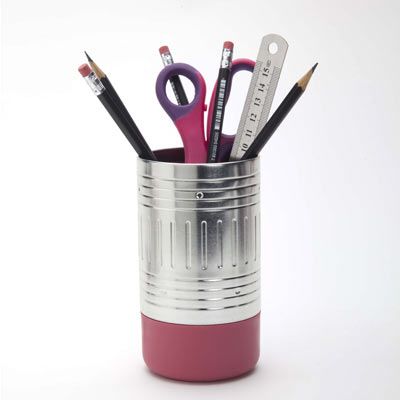 Pencil End Cup. This desktop appliance can store your stationery and other office supply either in two separate cans, or as one can with a lid.