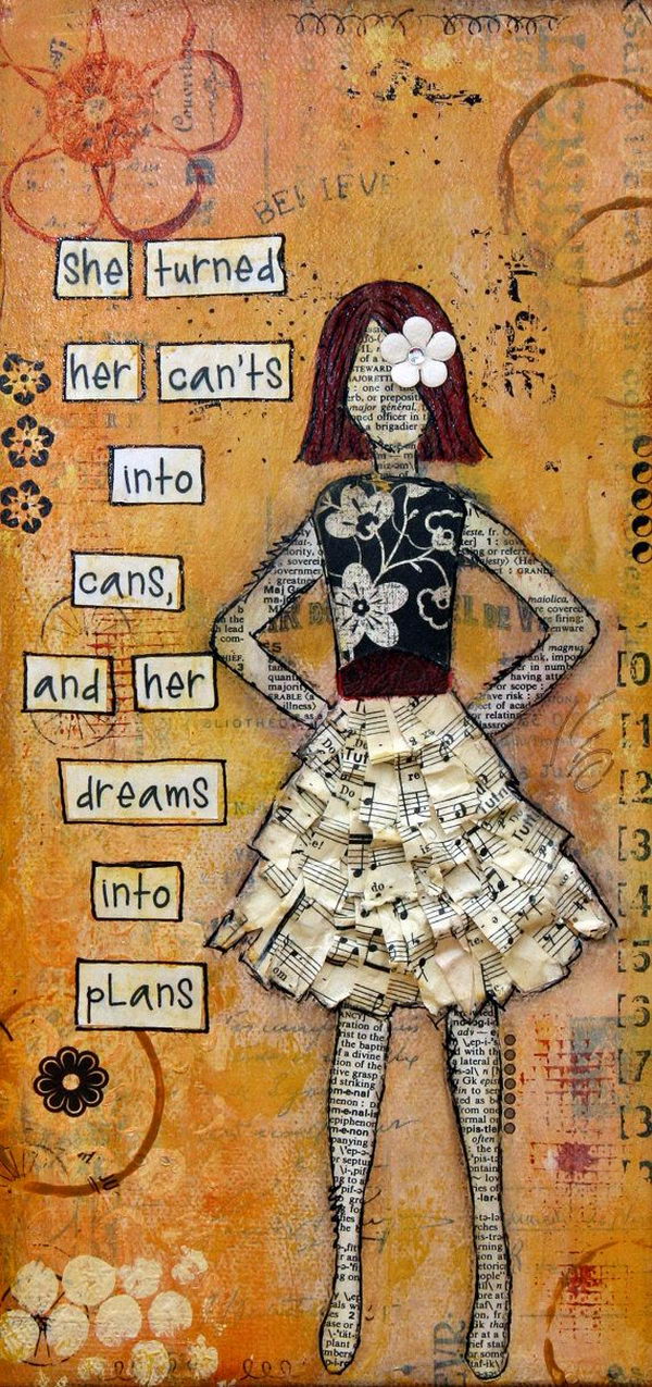 Dreams into Plans. Girl wears a 3d white fluffy paper skirt made from vintage sheet music and a flower in her hair.