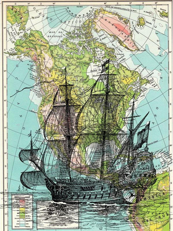 Ship on Map Book Art. Vintage Ship print on a map sheet from a gorgeous Atlas book.