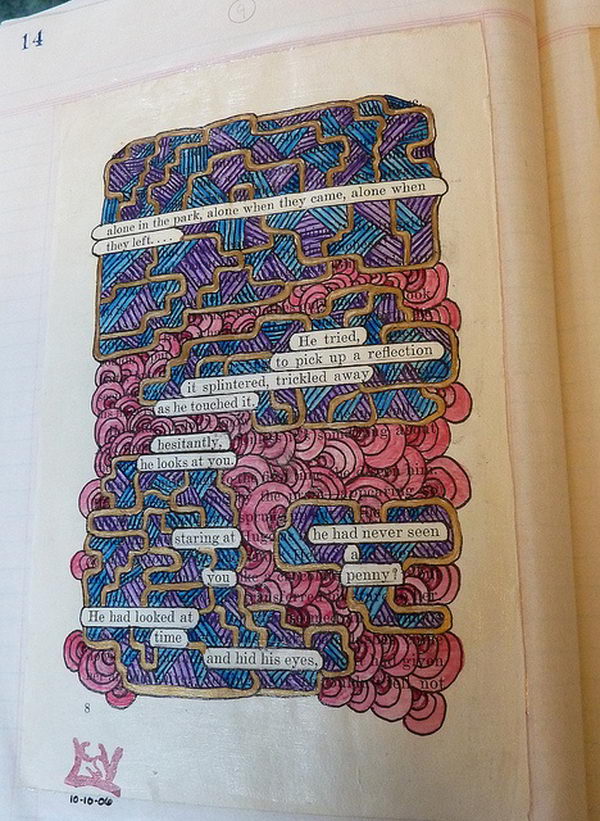 Altered Book Art Project. A page taken from an old book, with certain words left uncovered by painting to create a found poetry style statement, then applied to a page in an old style type journal/ledger.
