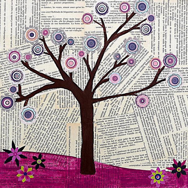 Tree Collage Art. Original Mixed Media Abstract Tree Collage Art Painting by Sascalia. Could vary the background with sheets of music, journal pages, old book pages.