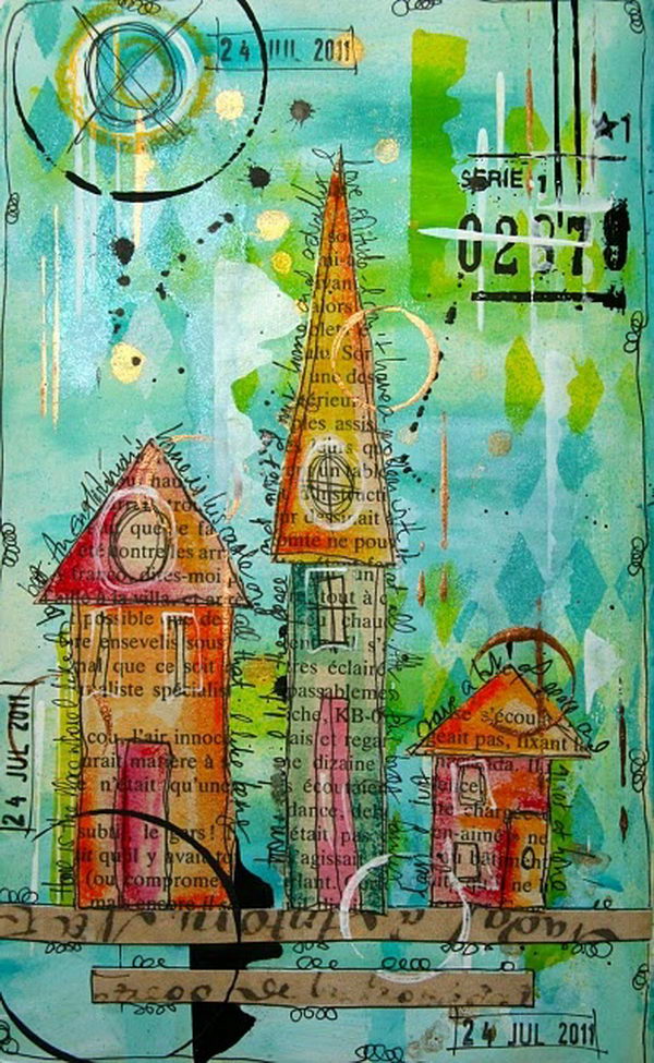 Houses on Book Pages. Houses drawn with ink on book pages, color washed, then cut and collaged onto a layered background.