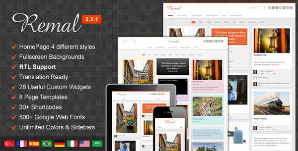Remal - Responsive WordPress Blog Theme. This theme has has a responsive layout, HTML5 and CSS3 tableless design. It uses an isotope masonry grid to achieve the same look as Pinterest.