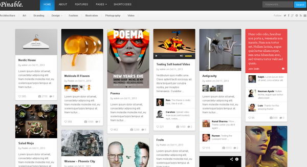 Pinable is a Pinterest-like (or behance.net like) theme which supports various theme post types (Audio, Video, Gallery, Quote, Link, etc.), it’s fully responsive (try resizing your browser) that works great on all kinds of devices (PC desktop, tablets, smartphones, etc.).