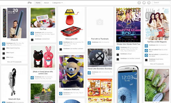 The free iPin wordpress theme features the same masonry dynamic layout with infinite scroll.