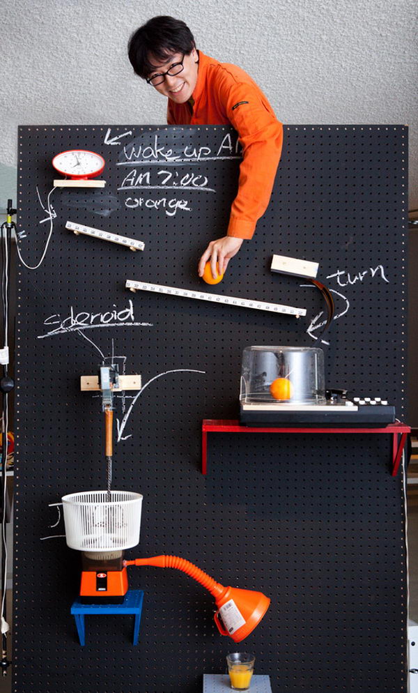 Makes Breakfast with Rube Goldberg Machine, Designed by Yuri Suzuki and Masa Kimura, the Breakfast Machine will make you a complete meal consisting of omelets, coffee, orange juice and toast with jam. The steps are annotated with chalk.
