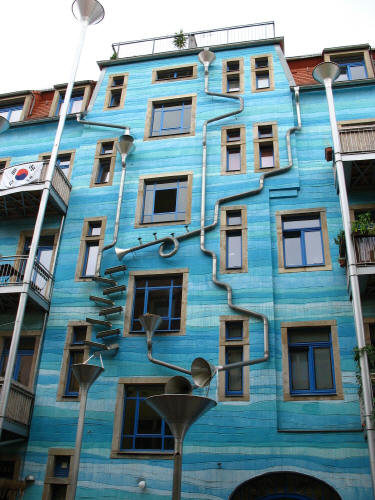 Rube Goldberg Rain Drainage System, Check out this crazy-cool drainage system on an apartment building in Dresden, Germany.
