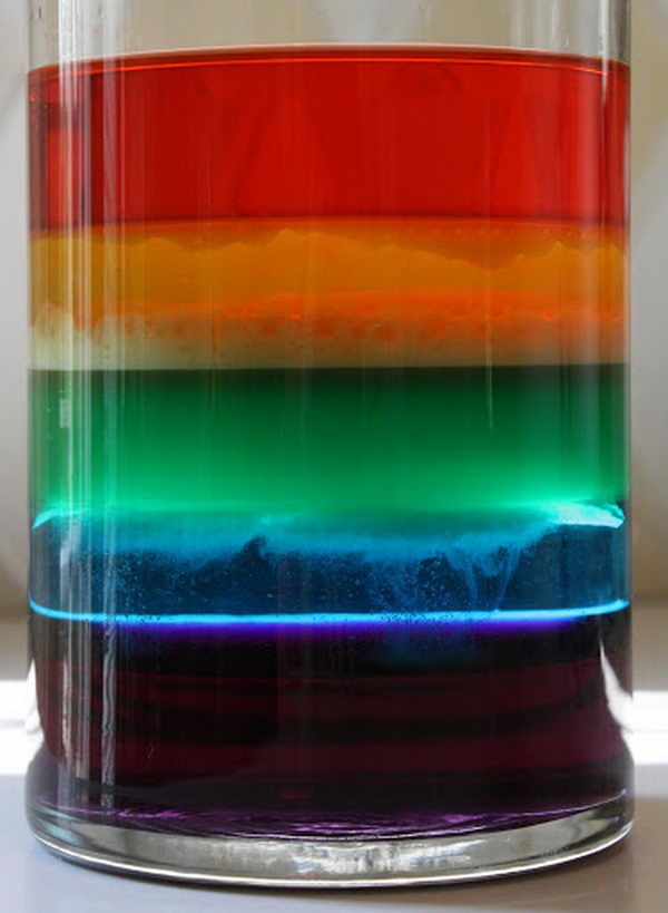 Rainbow in a Jar Science Project for Kids. This is a great little science lesson on the density of different liquids and on how some liquids don’t mix (water and oil layers).