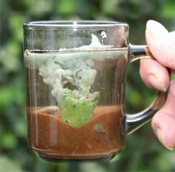 Volcano in a Tea Cup Science Project for Kids. Put some wax in the bottom of a fireproof glass container. Add some sand. Fill it up with cold water. Now carefully heat the bottom. Then the pressure becomes too much and at the weakest point, where the sand has bubbles, the hot wax shoots out in a lovely volcanic explosion.