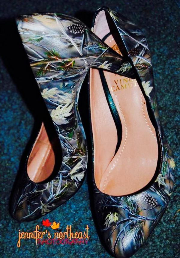 Hand painted camouflage wedding shoes.