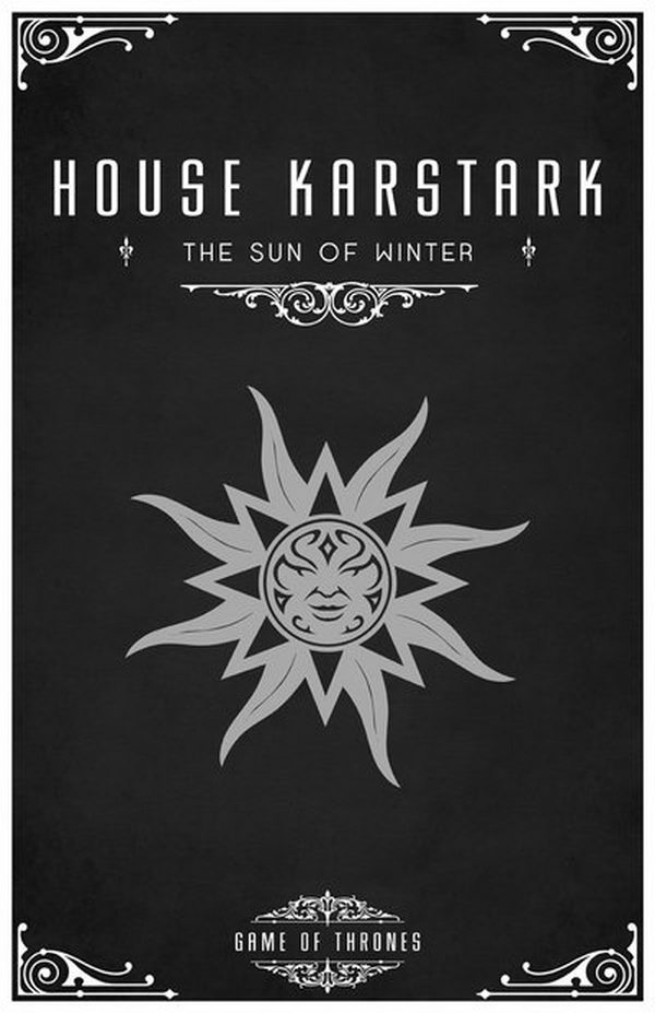 The Karstark sigil is a white sunburst on black. Their words are 'The Sun of Winter'. House Karstark is a vassal house that holds fealty to House Stark of Winterfell. Their lands are northeast of Winterfell.