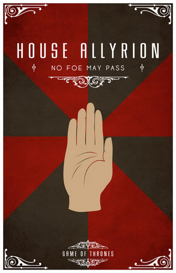 House Allyrion Motto. Their blazon is a golden hand on gyronny red and black. Their words do not appear in the books, but according to semi-canon sources are 'No Foe May Pass'.
