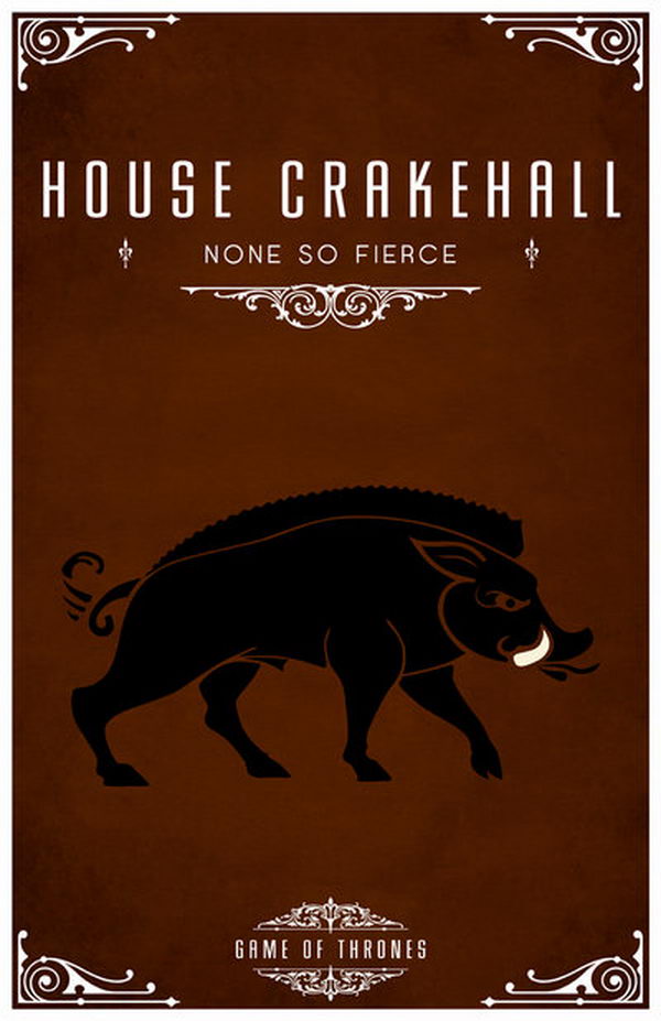 House Crakehall is a vassal house that holds fealty to House Lannister of Casterly Rock. The Crakehall sigil is a black and white brindled boar on brown. Their motto is 'None So Fierce'.