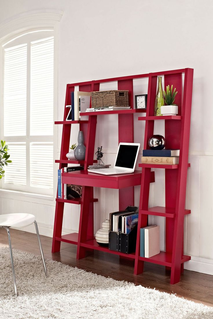 Red Ladder Bookcase with Desk: a clever design that combines a desk, pull-out drawer and storage shelves in one space-saving design.