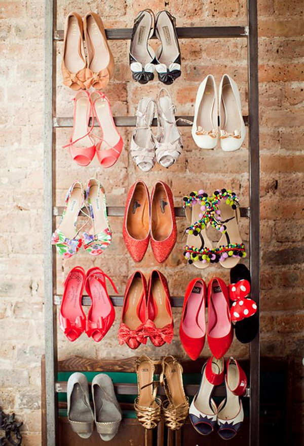 The ladder was used to organize and display high-heeled shoes.