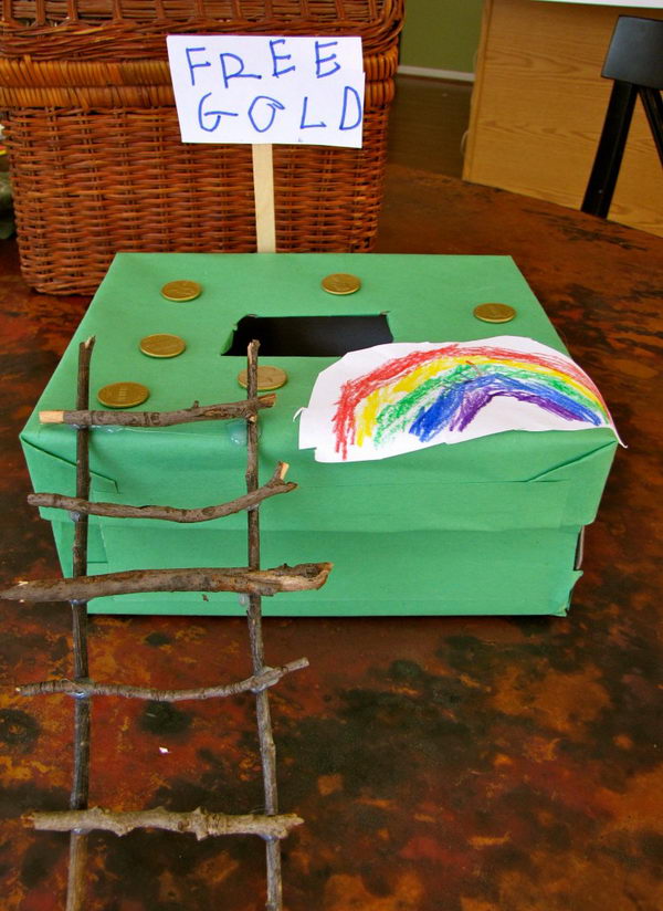 Shoe Box Leprechaun Trap. Cover a shoe box in green construction paper and make a ladder with sticks.