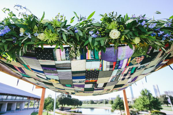 Quilted Chuppah. The chuppah canopy is a quilt that was made with clothes collected from the bride mother's closet. It’s a tribute to the bride’s mother who tragically passed away just as she was embarking on her wedding planning.