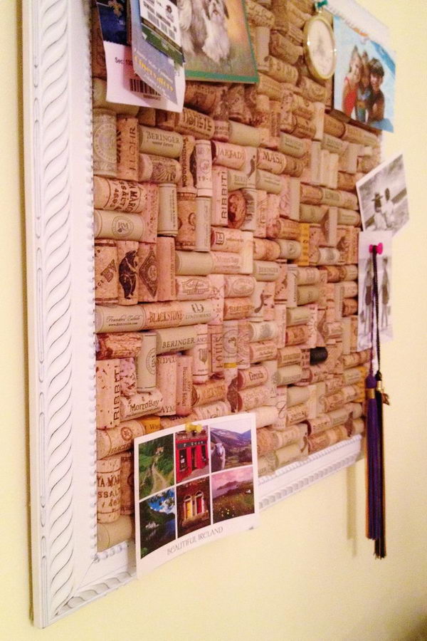 Put photos on the wine cork board for wall decoration.