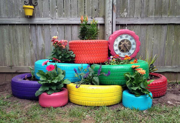 DIY Painted Tire Planters.