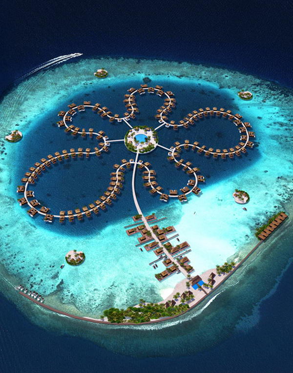 The Ocean Flower. This hotel located in the most upmarket part of the Maldives, the North Male atoll, only 20 minutes by boat from the capitol of Male and the international airport. It offers an array of amenities such as a pristine beach, restaurants, shops, a diving centre, a spa, swimming pools and small private islands where you can relax or enjoy a picnic in the gentle ocean breeze.