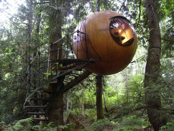 Free Spirit Spheres - Qualicum Beach, BC. These treehouse spheres are set amongst the lush Pacific Northwest rainforest. It is open all year long, and is especially cozy in snowy winters.