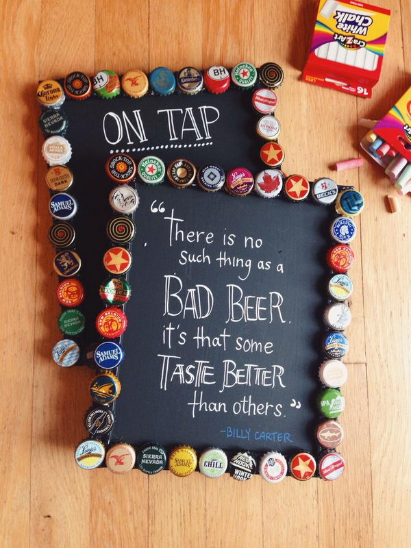 DIY Bottlecap Picture Frames with Chalkboard Paint.