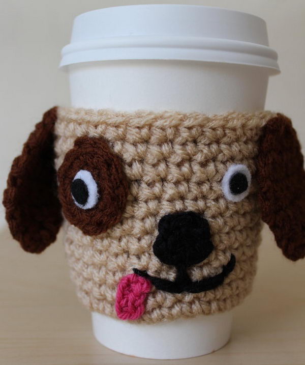 DIY crochet coffee cozy which keep coffee in cups warm while protecting fingers from the heat.