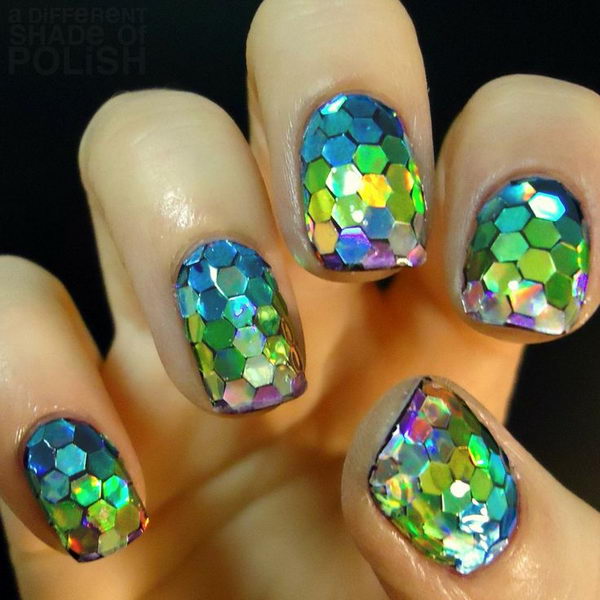 3D Glitter Fish Scale Manicure, 3D nail art is a technique for decorating nails that creates three dimensional designs.