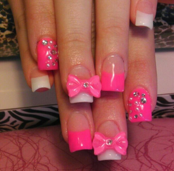Pink Nails With 3D Bow and Rhinestones, 3D nail art is a technique for decorating nails that creates three dimensional designs.