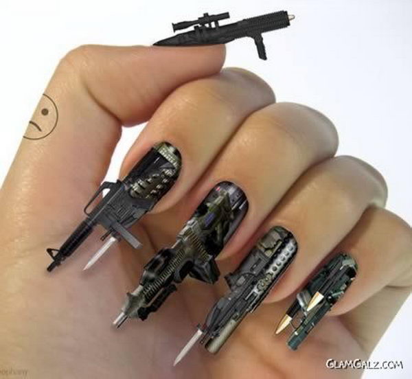 3D Steampunk Machine Gun Manicure, 3D nail art is a technique for decorating nails that creates three dimensional designs.