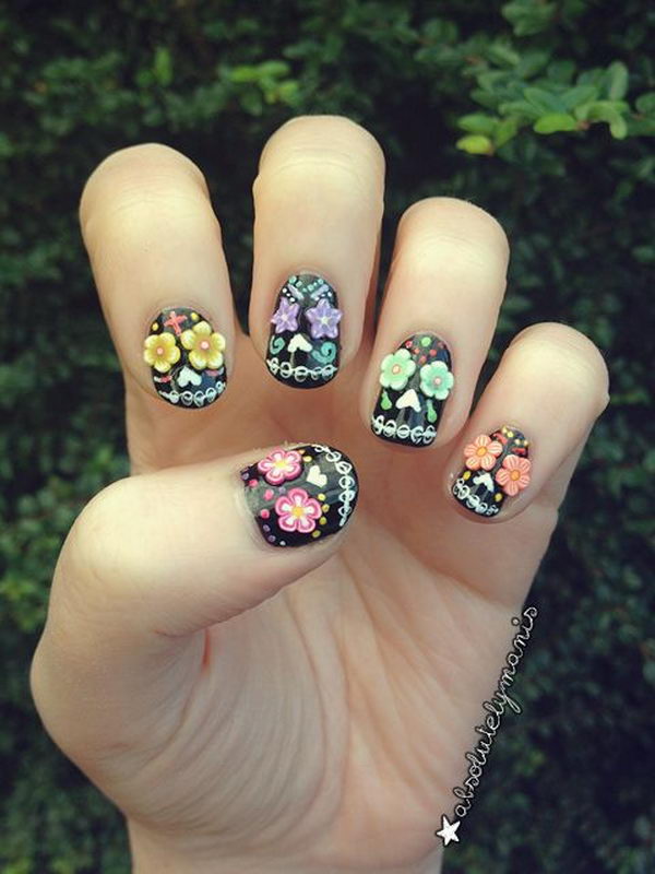 3D Sugar Skull Halloween Nails, 3D nail art is a technique for decorating nails that creates three dimensional designs.