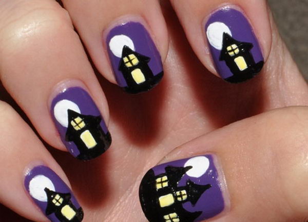 Spooky Haunted House. Cool Halloween Nail Art which show off your spooky spirit during the freakish festivities.