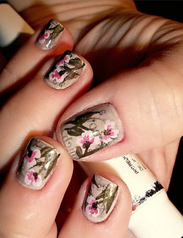 Vintage Antique Floral Newspaper Nail Art.