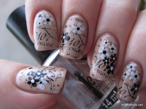 Stamped Newspaper Nails with Flowers.