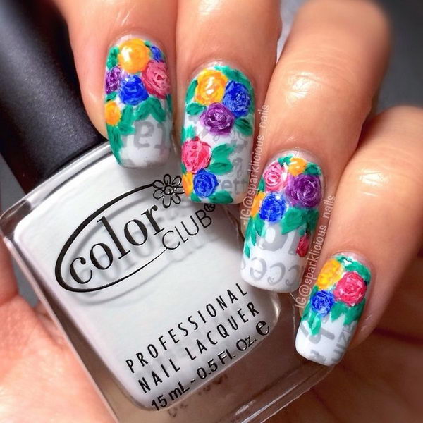 Floral on Newspaper Nail Art.