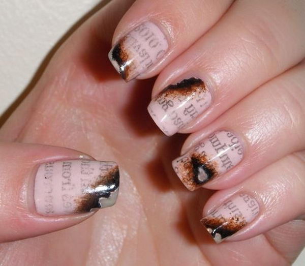 Burnt Newspaper Nail Art.