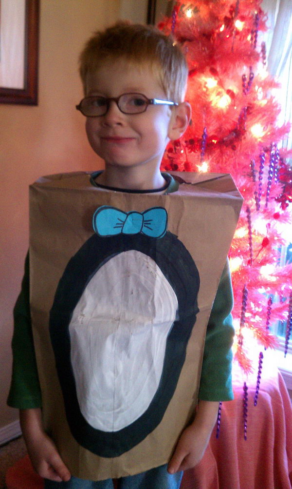 Penguin Costume. There is no easier costume than a paper bag mask. Grab a paper bag and cut out holes for your eyes then grab a few markers and let your imagination go wild. They are so simple for kids to make and to wear.