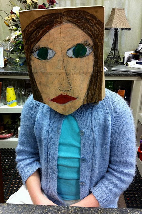 Portrait Mask on Brown Paper Bag. There is no easier costume than a paper bag mask. Grab a paper bag and cut out holes for your eyes then grab a few markers and let your imagination go wild. They are so simple for kids to make and to wear.