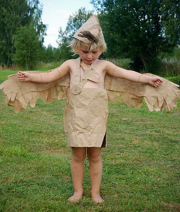 Paper Bag Bird. There is no easier costume than a paper bag mask. Grab a paper bag and cut out holes for your eyes then grab a few markers and let your imagination go wild. They are so simple for kids to make and to wear.