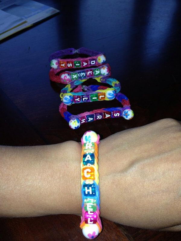 Rainbow Loom Name And Bead Bracelet. Rainbow Loom is a plastic loom used to weave colorful rubber bands into bracelets and charms. It is one of the top gifts for kids.